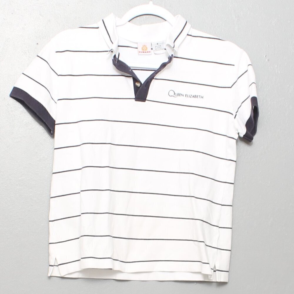 Vintage Cunard cotton Queen Elizabeth white navy striped polo